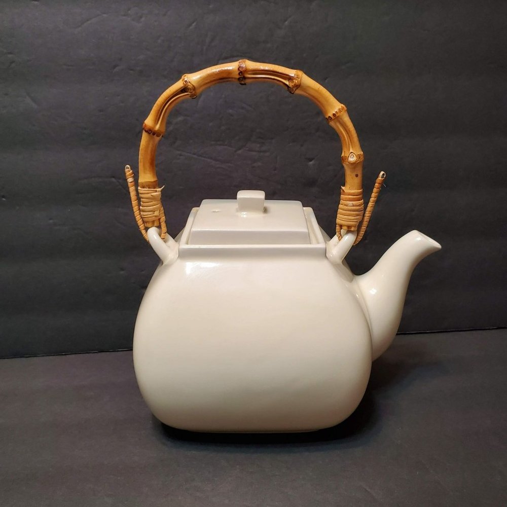 Pottery Barn Asian Square Teapot, Putty Color, Ceramic with Lid, Bamboo Handle